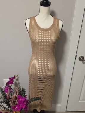 Beige Crochet Swim Coverup Midi Dress